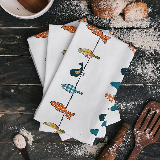 Smile Sunflower Kitchen Towels Microfiber Cleaning Cloths, Birds on The Wire Teal Grey Orange Soft Dish Towels for Kitchen, Pack of 2 Absorbent Hand Towels Reusable Tea Towels,Bar Towels,18x28 Inch - Image 2
