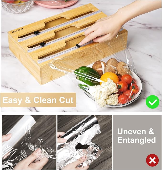 Foil and Plastic Wrap Organizer, Basima Bamboo Plastic Saran Wrap Dispenser with Cutter, 3 in 1 Aluminum Foil, Parchment and Wax Paper, Organization and Storage for Kitchen Drawer for 12" Roll - Image 2
