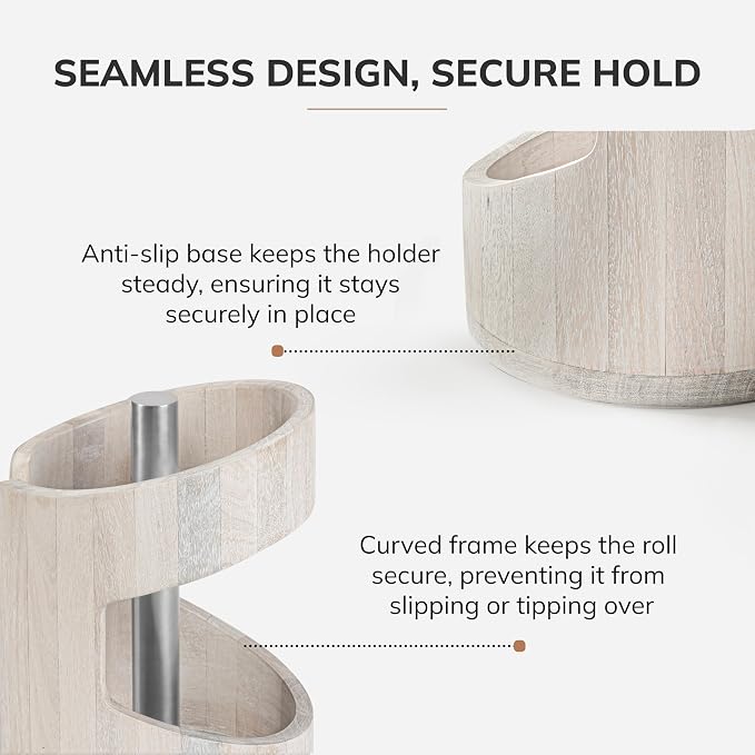 Anji Mountain Wooden Paper Towel Holder with Metal Holder, Holder Stand for Kitchen Roll Organizer & Kitchen Dining Table Home Décor, Countertop Fits Jumbo & Mega Rolls - Whitewash/Nickel, Arc Hold - Image 4