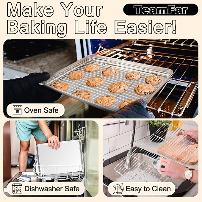 TeamFar Baking Sheet with Rack Set, 3 Pans + 3 Racks, 19.6/16/12.5 Inch | Stainless Steel Cookie Sheets Baking Pans Trays and Cooling Racks for Cooking, Non-Toxic & Heavy Duty, Dishwasher Safe - Image 5