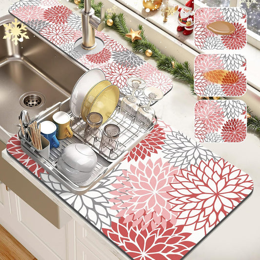 Findosom 2PCS 16" x 24" Dish Drying Mat & 24" x 5.5" Sink Splash Guard, Super Absorbent & Cuttable Dish Mat Drying Kitchen Mat with Red Floral, Hide Stain Drying Mat for Kitchen Counter