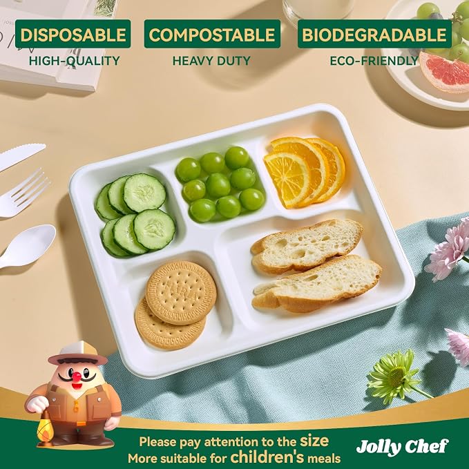 Compostable 5 Compartment 10*8.25*1 Inch 125 Pack Heavy Duty Paper Plates | Small Divided Disposable Plates White Eco-Friendly Biodegradable Food Tray for School Lunch Dinner Christmas - Image 3