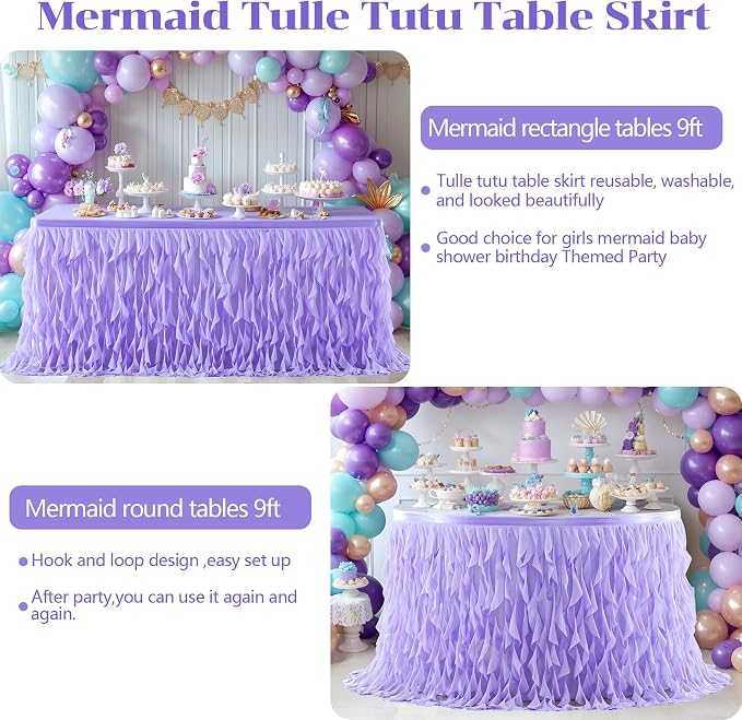 Partisky Lavender Purple Tulle Curly Willow Table Skirt for Rectangle Table 9ft, Ruffle Tutu Table Cloth for Girls Boys Baby Shower,Mermaid Birthday Party - Image 5