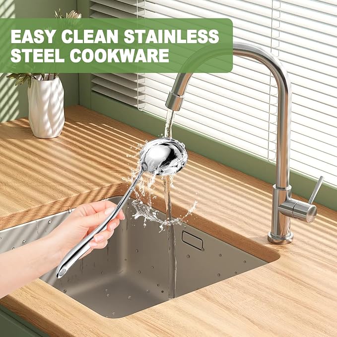 18/10 Stainless Steel Cooking Utensils Set with Holder, 7-Pieces All Metal Kitchen Utensils, Kitchen Cooking Tools, Kitchen Tools with Countertop Rotating Stand - Image 6