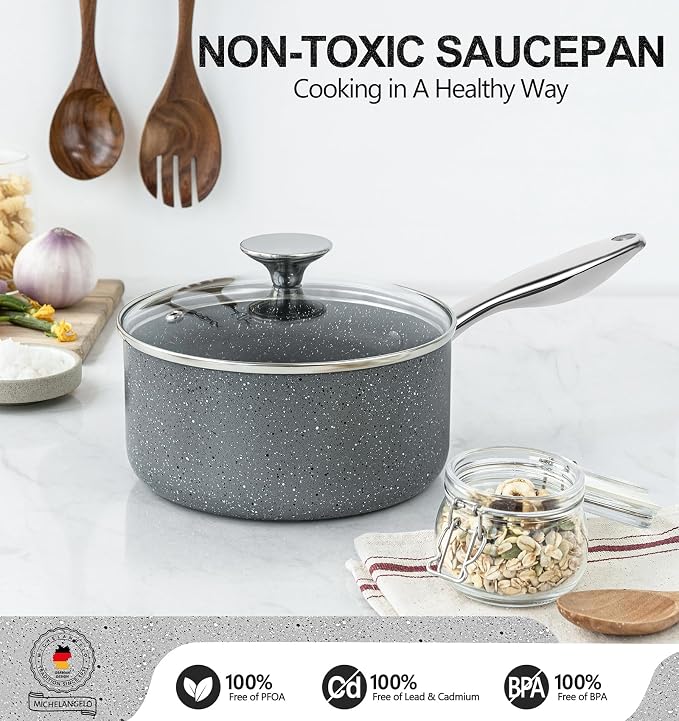 MICHELANGELO 2 Quart Saucepan with Lid, Nonstick Sauce Pan with Healthy Coating, Granite Sauce Pan with Stainless Steel Handle, 2 Qt Saucepan Induction Compatible, Gray - Image 3