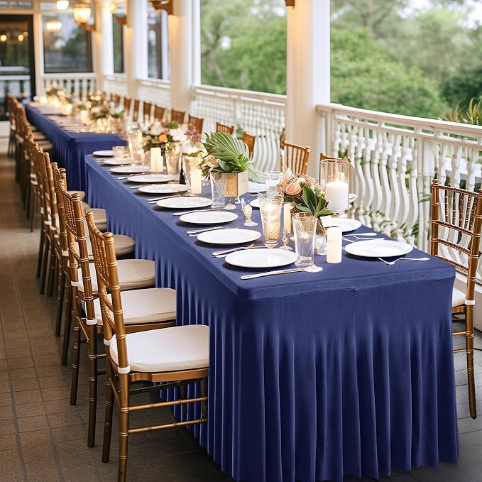 Wish Care 2 Pack Navy Blue Stretch Spandex Table Clothes for 6 Foot Rectangle Tables, 6FT Wrinkle Free Fitted Tablecloths Ruffles Design Table Cover for Party, Banquet, Wedding and Events - Image 7