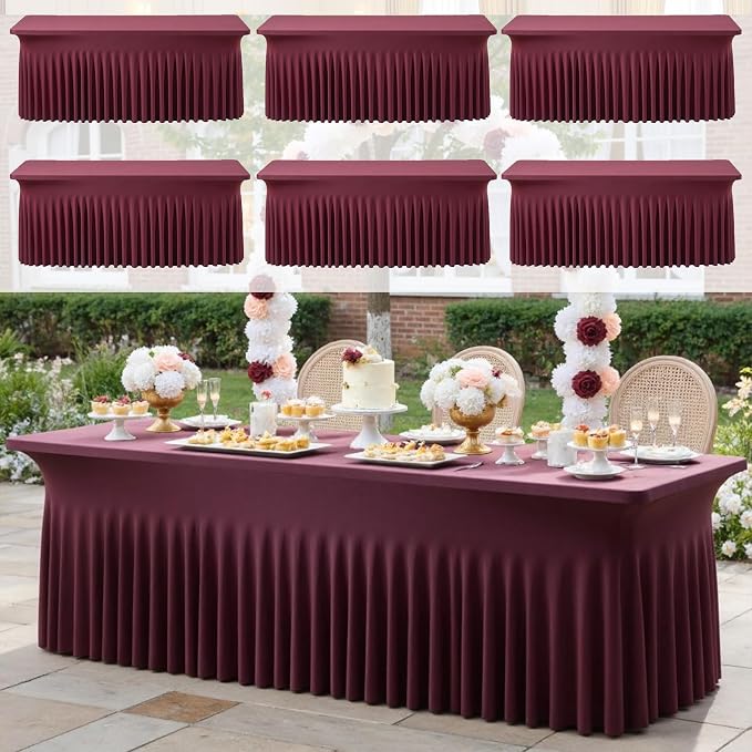 CO-AVE 6pk Burgundy Spandex Tablecloths 6ft for Rectangle Tables, Wrinkle Free Classy Table Skirt Stretchy Fitted Table Cloths Covers 6 Foot for Weddings Birthday Party Events Banquette Baby Shower by CO-AVE