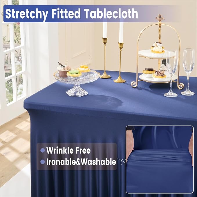 Spandex Tablecloth 8FT Rectangle Table Cover 4 Pcs Navy Blue Wrinkle-Free - Image 3