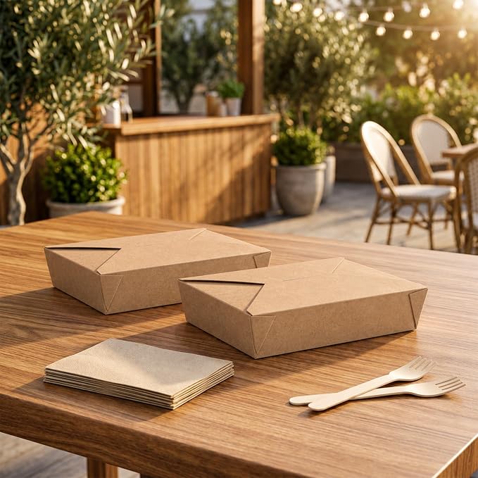 Restaurantware-Bio Tek 8.5 x 6.3 x 2 Inch Food Containers, 200 Durable Noodle Boxes - Disposable, Sustainable, Kraft Paper 49-Ounce Takeout Boxes, Rectangle, For Takeouts, Or Picnics - Image 3