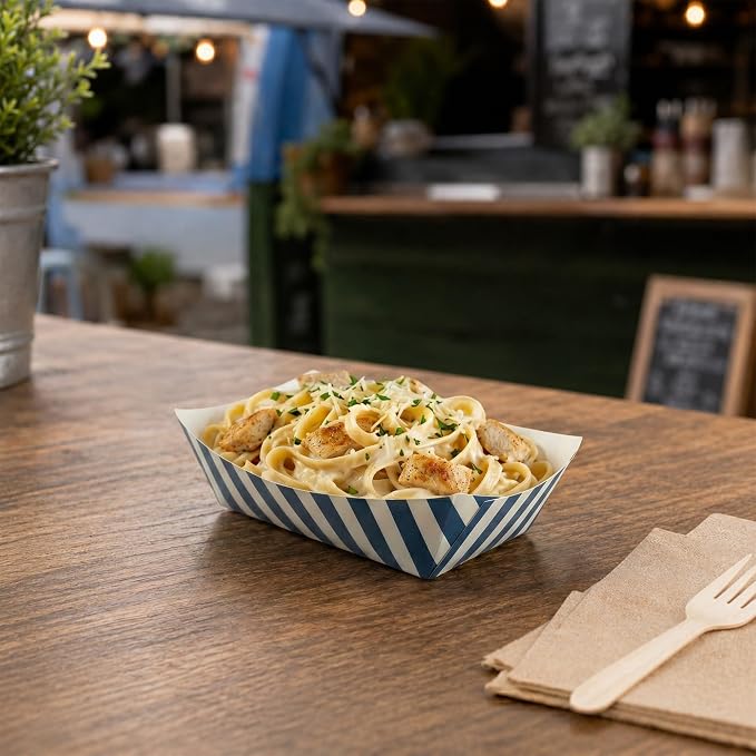 Restaurantware-Bio Tek 6 Ounce Boat Paper Boats, 50 Disposable #40 Food Trays - PE Lining, Durable, 4.88 x 4 x 1.5" Blue And White Striped Paper Food Baskets, For Concession Stands, Picnics, or Fairs - Image 3