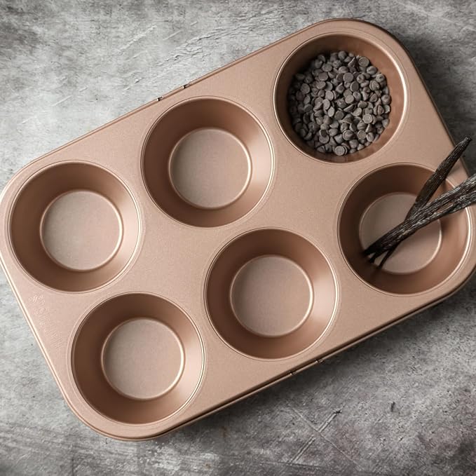 HAPPIELS 6 Cup Jumbo Muffin Pan Nonstick, PFOA & BPA Free | | Non-Toxic - High Carbon Steel - Gold - Large Cupcake Tin for Oven Baking - Image 5