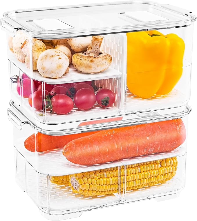 elabo Fridge Fruit Storage Containers, 2Pc Veggies Produce Saver Organizer | BPA-Free & Food Grade Containers, Keep Berries and Veggies Fresh, Large Capacity with Removable Drain Tray by elabo