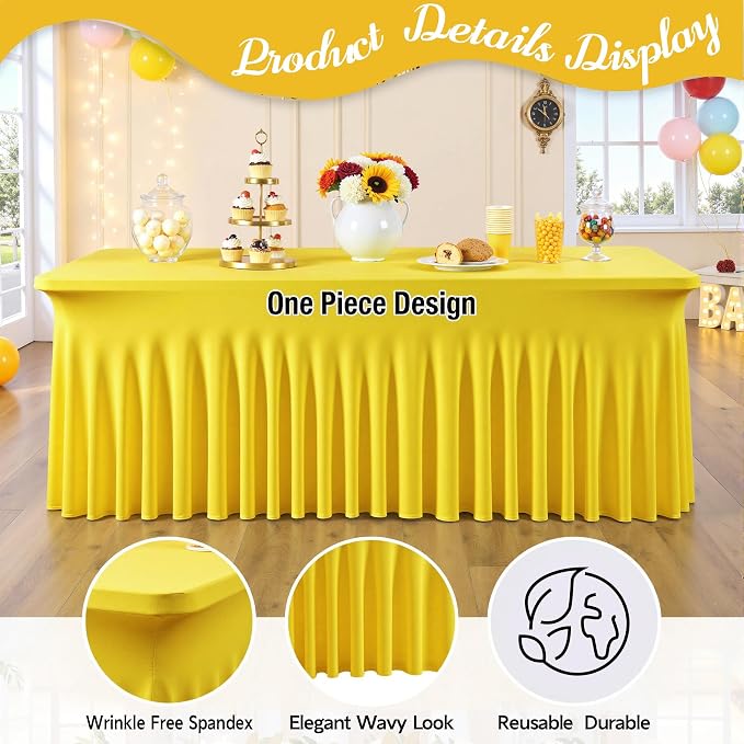 leegleri 4 Pack Yellow Spandex Fitted Table Clothes for 8 Foot Rectangle Tables, Wrinkle Free 8ft Spandex Table Cover, Spandex Table Skirt for 8FT Rectangle Tables-for Banquet Weddings Parties - Image 5