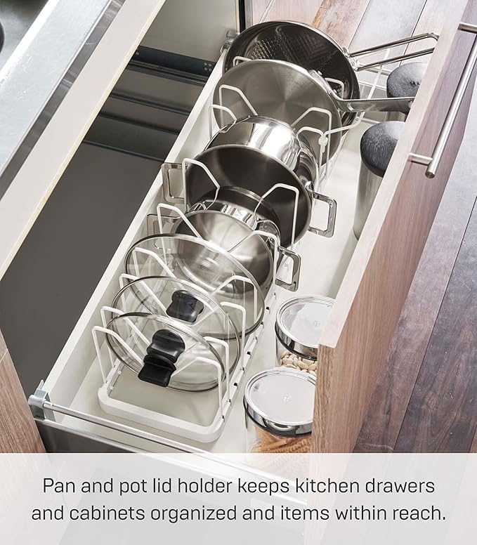 YAMAZAKI Home Tower Adjustable Lid & Pan Organizer – Kitchen Drawer Storage Shelf Rack - Image 2