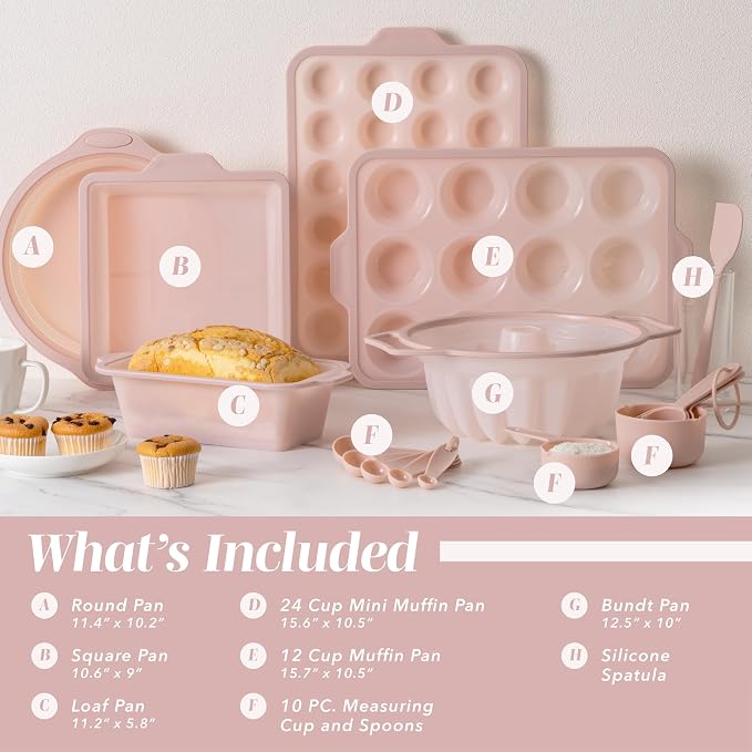 COOK WITH COLOR 17 Pc. Silicone Baking Pan Set - Non-Stick & Easy Clean Silicone Muffin Pans for Baking with Sturdy Metal Frame for Stability, Flexible Cake Molds, Includes Measuring Cups and Spoons - Image 2