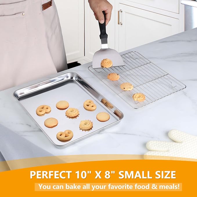 Homikit Small Baking Sheet with Wire Rack for Toaster Oven (1 Pan+1 Rack) | 10.4x8 Inch Stainless Steel Baking Pan with Rack Set, Metal Cookie Sheets Rust Free, Nonstick Bacon Tray Dishwasher Safe - Image 5