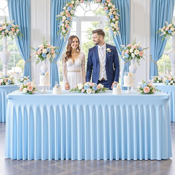 gogoparti 4 Pack Spandex Baby Blue Fitted Table Cloth for 8ft Rectangle Tables Light Blue Stretch Tablecloth Banquet Table Covers Wrinkle Free Tablecloths for Parties Wedding - Image 3
