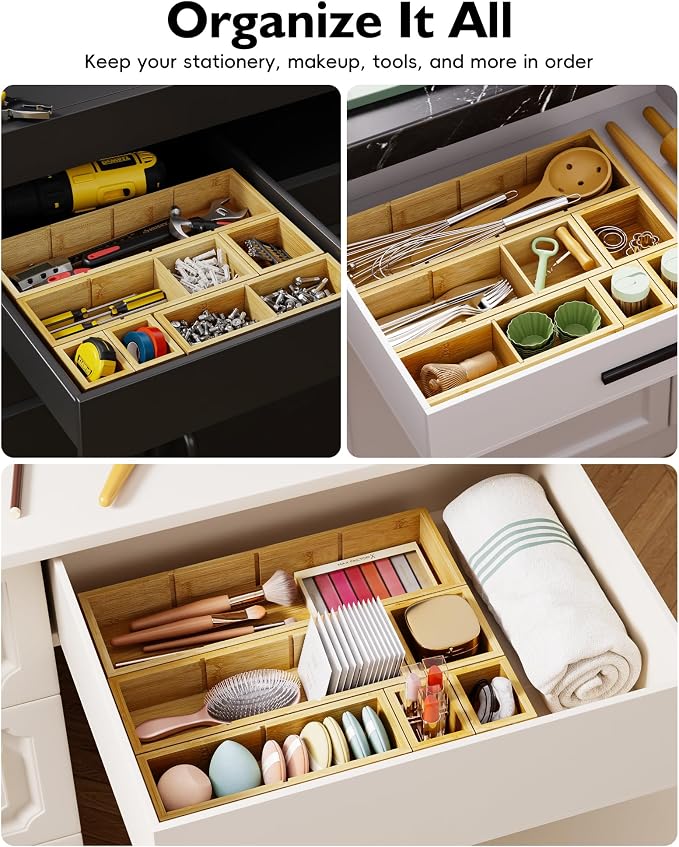 Bamboo Drawer Organizer Set, 6 PCS Trays with 12 Compartments - Image 7