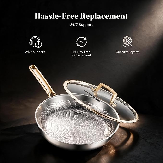 FogDream Non Stick Frying Pans, 10in Titanium Pans for Cooking, Hybrid Stainless Steel Skillet with Spatulas, PFOA Free Cookware, Stay Cool Handle, Dishwasher & Oven-Safe,Induction Compatible,Gold - Image 7