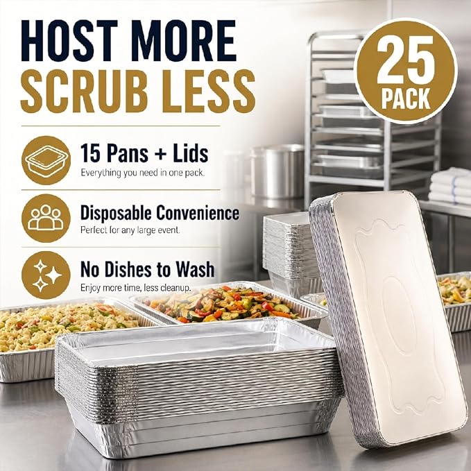 (25 Count) Full Size Deep Steam Table Pans With Lids | Foil Pans with Lids | Disposable Food Containers for Baking, Freezing, and Storage (21” x 13” x 3”) - Image 5