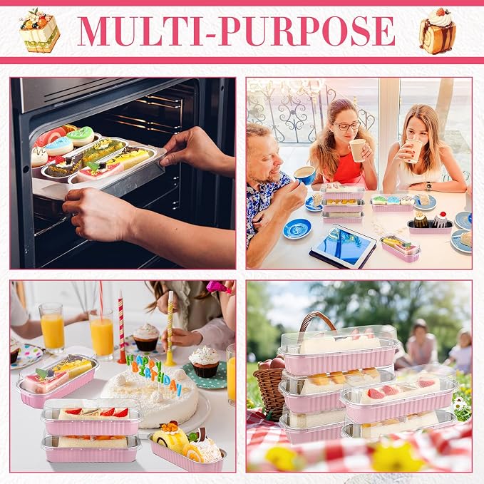 Qunclay 300 Pcs Mini Loaf Pans with Lids 6.8 oz Aluminum Foil Mini Cake Pans with Lids Rectangle Loaf Baking Cups Disposable Cake Containers for Muffin Ramekins Large Gatherings Parties(Pink) - Image 5
