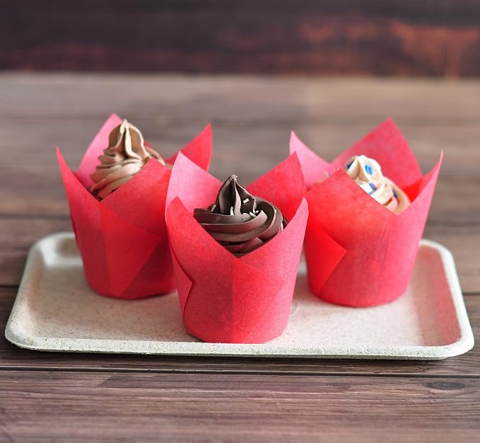 Red colour Large size Tulip Baking Cups 2-1/4"(Base diameter) x 4"(Wall height) Greaseproof paper baking cupcake Muffin liners, Case of 130 pcs - Image 5