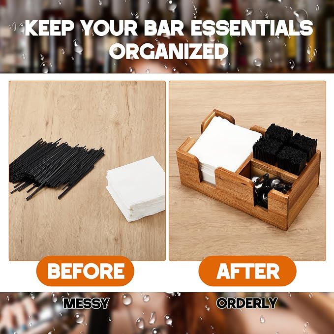 Mifoci 3 Pcs Wooden Bar Caddy with 6 Compartments, Acacia Wood Bar Caddy Napkin & Straw Holder Organizer Cocktail Napkin Holder Condiments for Home Office Kitchen Countertop (Brown) - Image 4