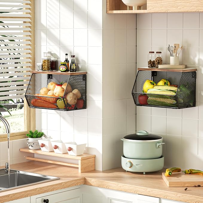 Litwaro Fruit Basket Wire Baskets with Wood Lid, Wall Mounted Produce Basket for Snack, Fruit and Vegetable Storage, Countertop Onion and Potato Storage, 3 Pack Stackable Kitchen Counter Organizer - Image 7