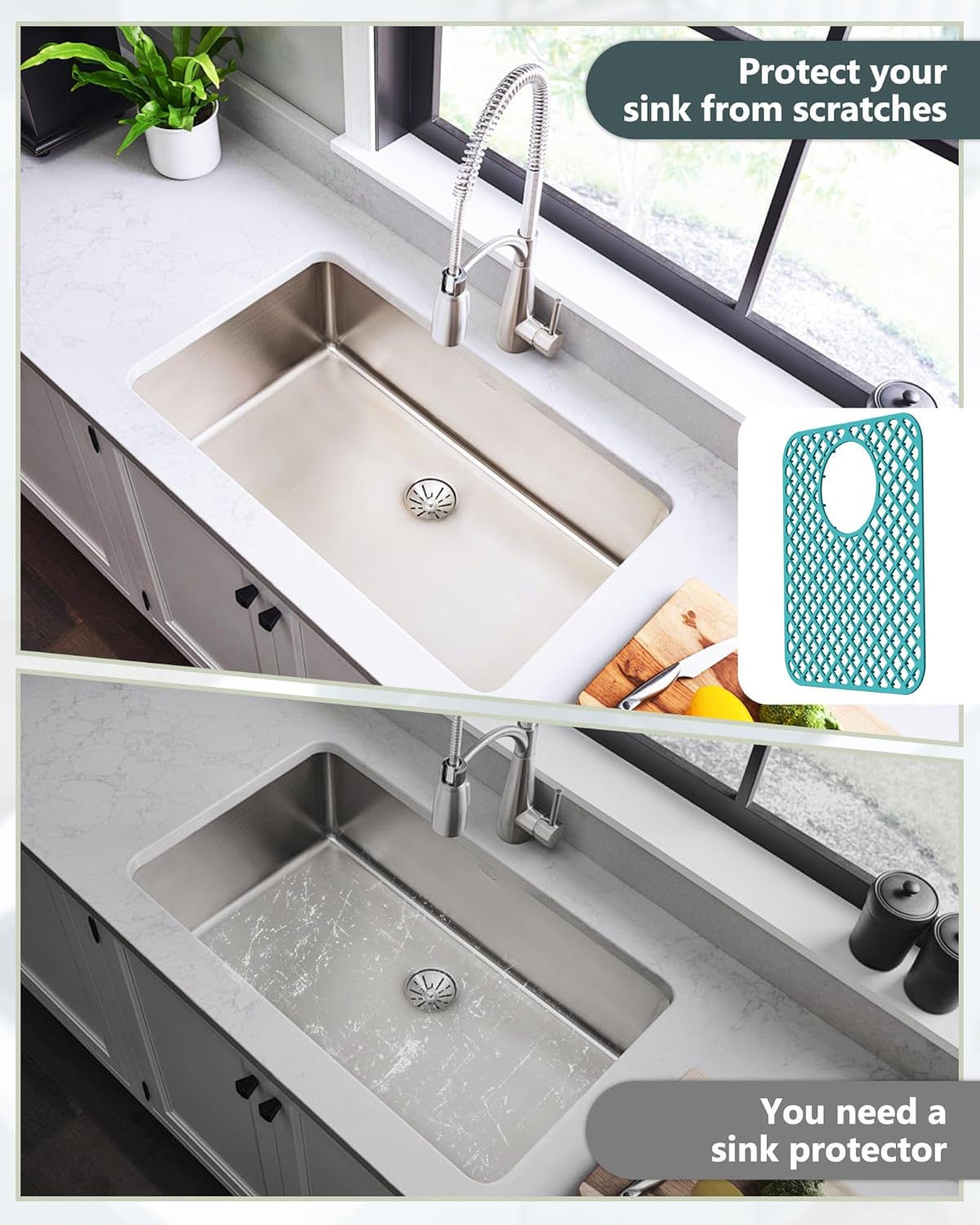 2 Pack Silicone Sink Protectors for Kitchen Sink, Lozenge Pattern 13 x 11 Inches Sink Mat, Non-Slip and Durable Sink Protector Silicone, Rear Drain, Green