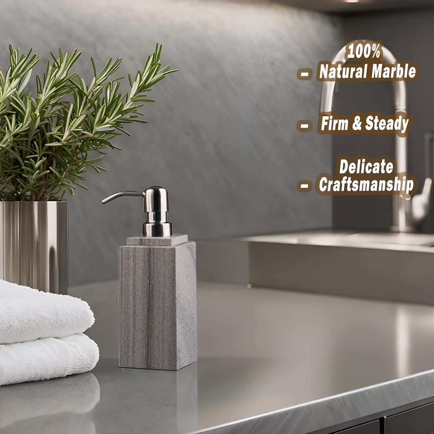 Hand Liquid&Lotion Soap Dispenser Pump Bottle Natural Marble for Kitchen Bathroom Countertop Laundry Room Holds Dish Soap Shampoo Laundry Liquid Shower Gel (Grey Sand)