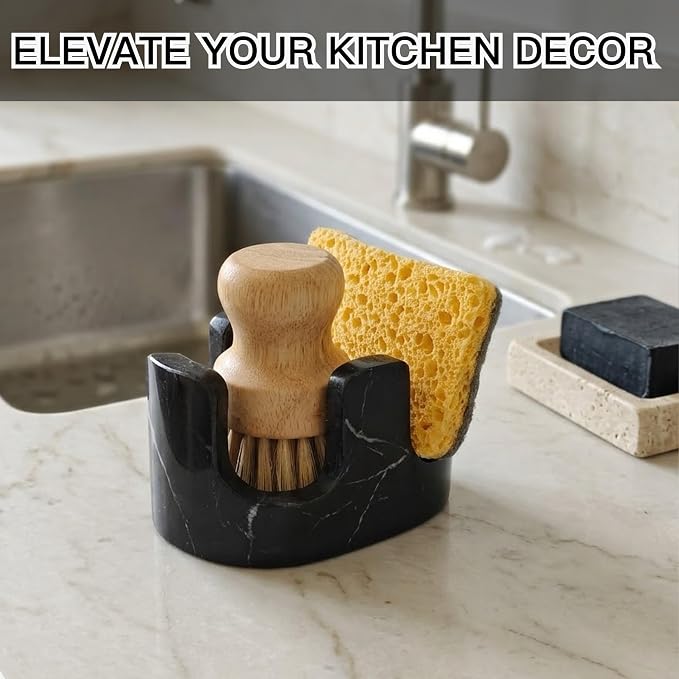 Black Marble Sponge Holder for Kitchen Sink, 2-in-1 Natural Stone Sponge & Brush Holder with Raised Edge, Keeps Countertops Dry, Heavy & Stable, Non-Slip Base, Modern Luxury Kitchen Decor - Image 9