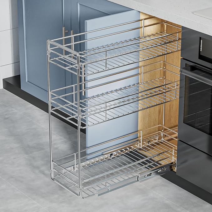 ROOMTEC Pull Out Spice Rack for Narrow Cabinet (5½" W X 20½" D),3 Tier Slide Out Cabinet Organizer and Pull Out Shelves Under Cabinet Storage for Kitchen, Chrome - Image 4