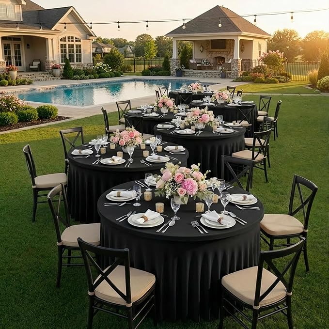 12 Pack Black Round Spandex Tablecloth for 60 inch Table, Wrinkle Free Stretchy 120inch Fitted 5FT Round Table Cloths Cover with Skirt for Wedding Birthday Party Dining Banquet Events - Image 5