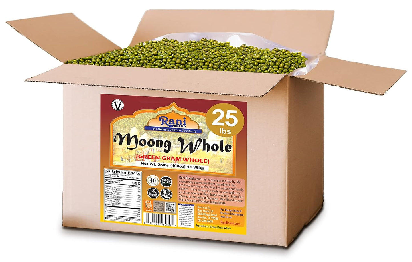 Rani Moong Whole (Ideal for cooking & sprouting, Whole Mung Beans with skin) Lentils Indian 400oz (25lbs) 11.36kg Bulk Box ~ All Natural | Gluten Friendly | Non-GMO | Kosher | Vegan | Indian Origin