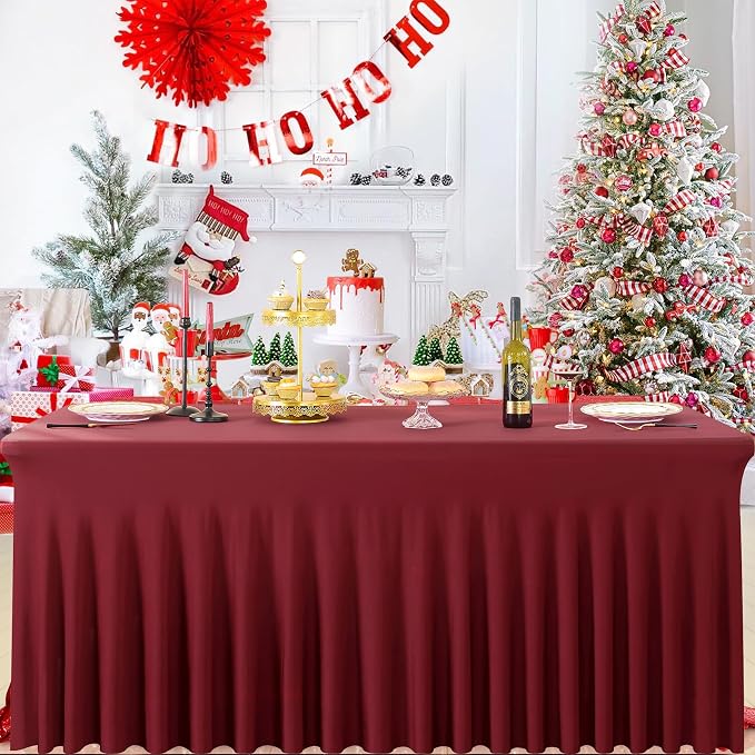 3 Pack Burgundy Spandex Tablecloth for 8 Foot Rectangle Tables, Wrinkle Free Fitted Table Cloth Cover 8ft Maroon Stretchy Tablecloths with Skirt for Parties Weddings Birthday Banquet Baby Shower - Image 8