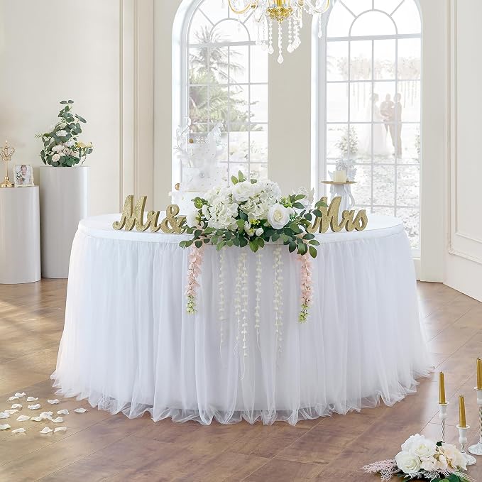 204in White Tulle Table Skirts for Rectangle Tables 6ft 8ft, 2-Layer Gold Grim Ruffle Tulle Tutu Cloth Table Skirt 17ft Long for Wedding Birthday Party Baby Shower Cake Dessert Tables(No Table Cover) - Image 2