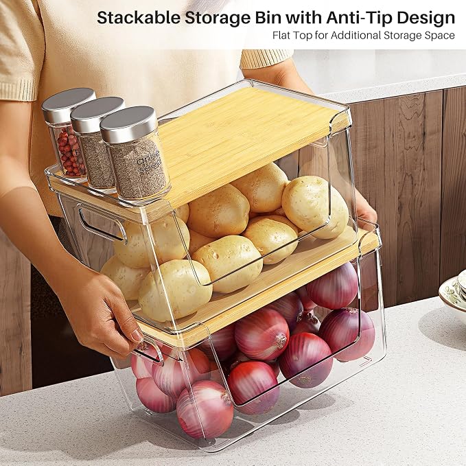 3 Set Pantry Organizer and Stackable Storage Kitchen,Sturdy and Durable Storage Basket for Potato, Onion, Garlic, Fruit, Vegetable, Produce, Clear Plastic Storage with Lid&Handle - Image 2