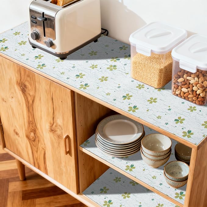 FIFTY FEET 12"x120" Non-Adhesive Shelf Liner for Kitchen Cabinets and Drawers, Washable Non-Slip PVC Cabinet Liner (Green Floral)(3 Roll) - Image 3