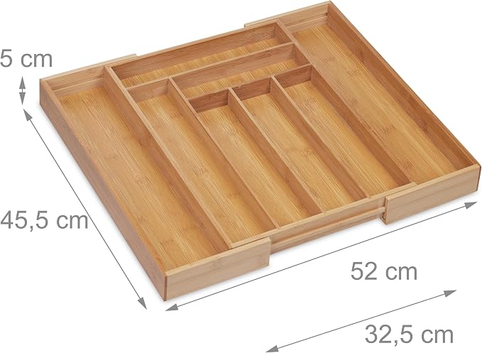 Relaxdays Cutlery Tray, Extendable, 8 Compartments, 5 x 32.5-52 x 45.5 cm, Kitchen Drawer Insert, Bamboo, Natural - Image 2