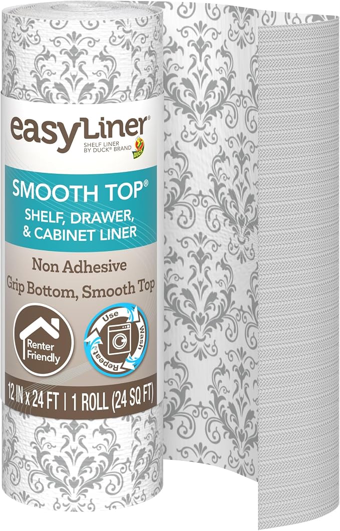 Smooth Top EasyLiner for Cabinets & Drawers, Easy to Install, Shelf Paper & Drawer Liner Non Adhesive, Non Slip Shelf Liner for Pantry, Kitchen Essentials, 12 in x 24 ft (1 Pack), 24 ft, Gray Damask by DuckBrand