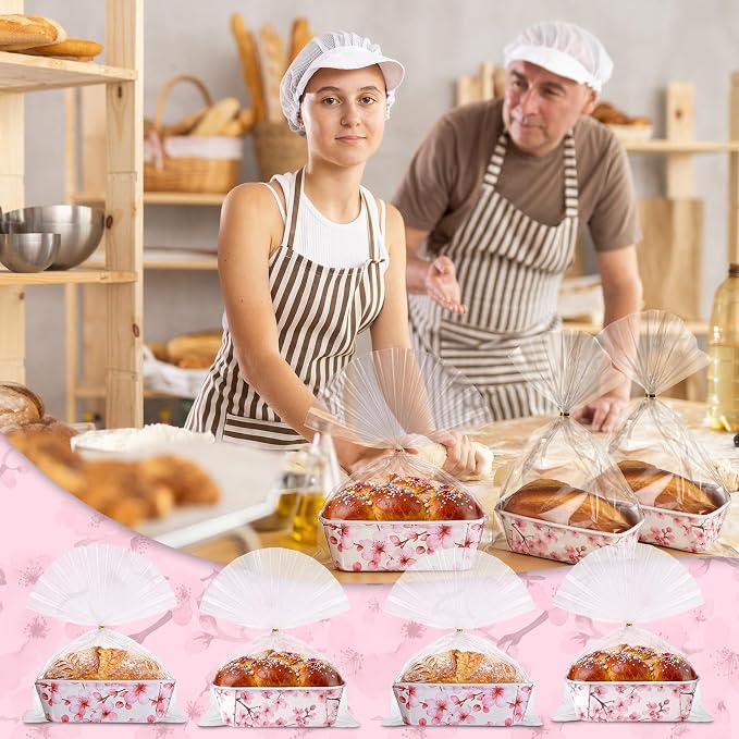 Hushee 50 Sets Pink Blossom Paper Loaf Pans with Bags, 6.3x2.2x2.2" Disposable Mini Bread Baking Molds, Floral Cake Liners for Baby Shower Wedding Birthday Spring Gifts - Image 5