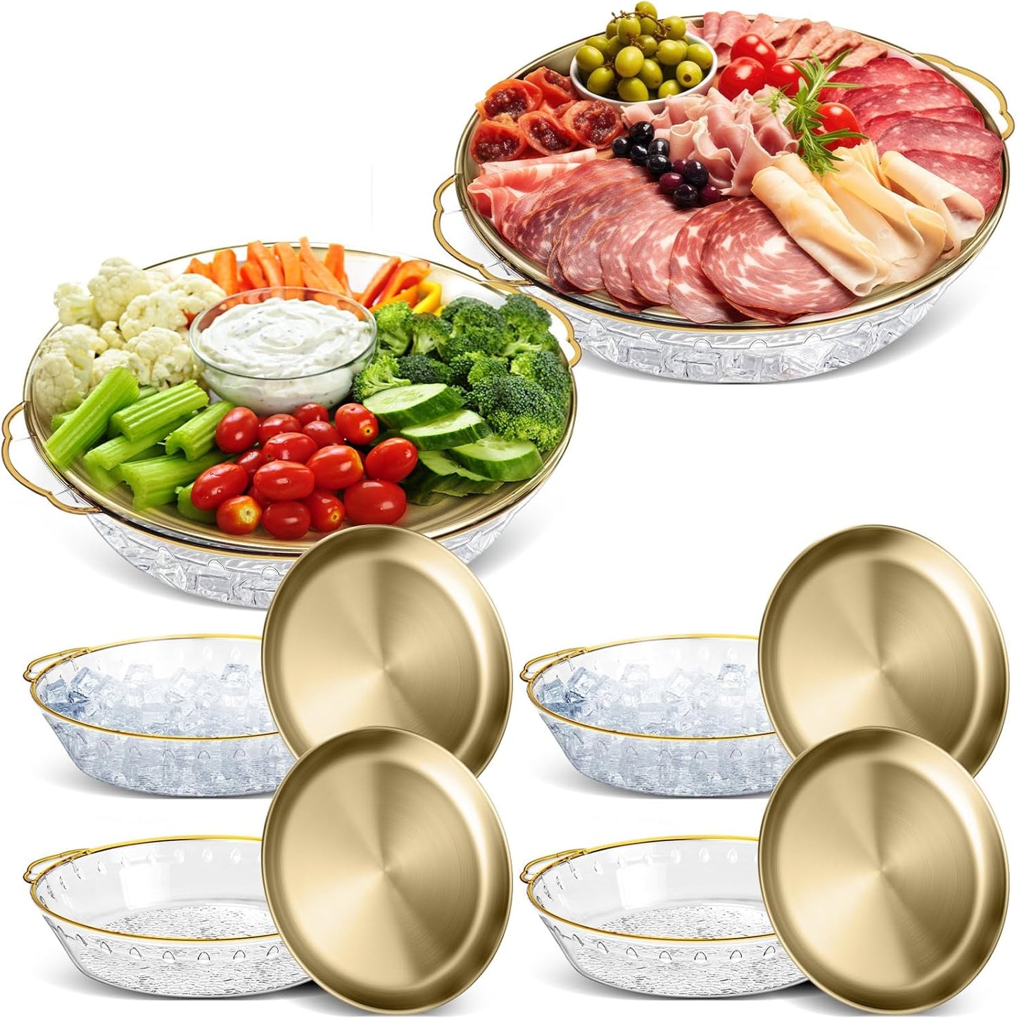 Baderke 6 Set 11.8" Chilled Serving Tray for Parties with Compartments Ice Chilled Party Platter Charcuterie Serving Board Cold Dish Dip for Fruit Seafood Vegetable Shrimp Cocktail (Gold)