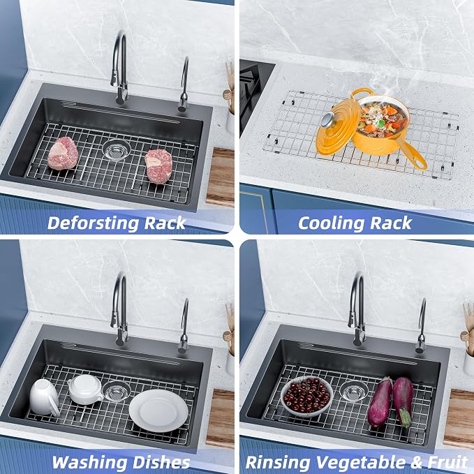 Sink Protector for Kitchen Sink,Sink Rack 28-3/8" * 14-3/16",Large Metal Sink Grate with Strainer,Stainless Steel Sink Grid for Bottom of Sink with Rear Drain Hole - Image 6