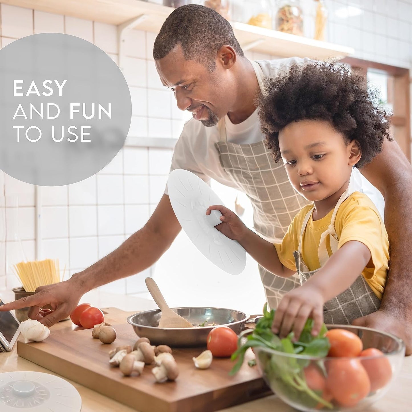 Silicone Bowl Lids White, Set of 5 Reusable Suction Seal Covers for Bowls, Pots, Cups. Food Safe. Natural grip, interlocking handles for easy use and storage.