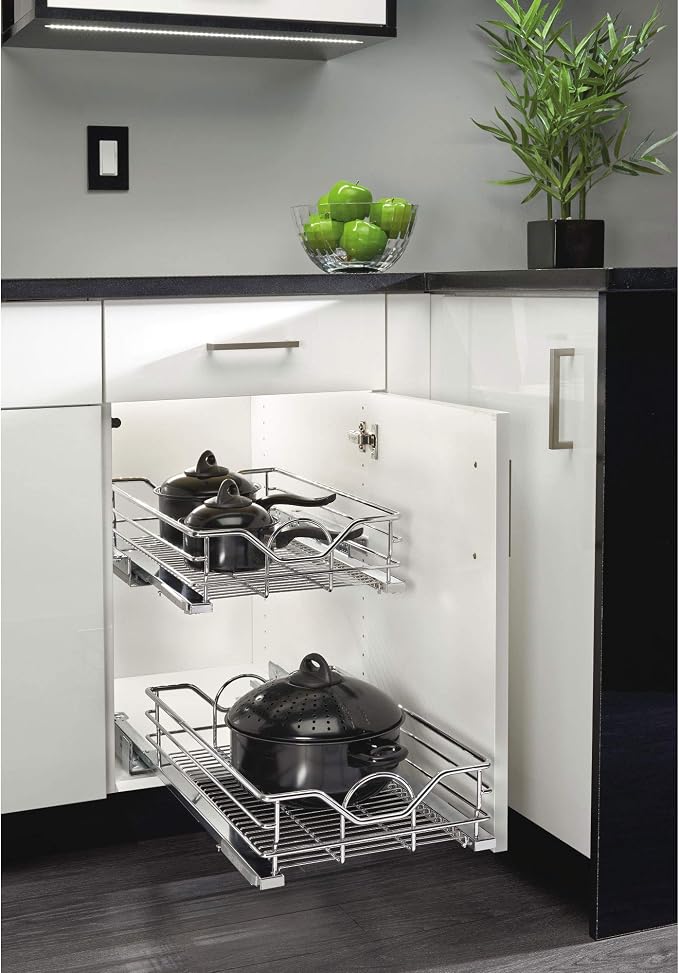 Rev-A-Shelf Single Steel Pullout Organizer for Base Kitchen/Bathroom Cabinets, Wire Storage Basket w/Soft-Close, Chrome, 14.5 x 21.74 In, 5730-15CR - Image 3