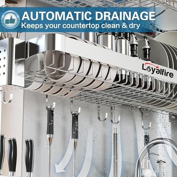 Loyalfire Over Sink Dish Drying Rack, 3 Tier Adjustable Length (20.87'' to 37.6'') Full Stainless Steel Large Storage Kitchen Dish Rack, Expandable Drainer Shelf Rack with Multifunctional Organizers - Image 4