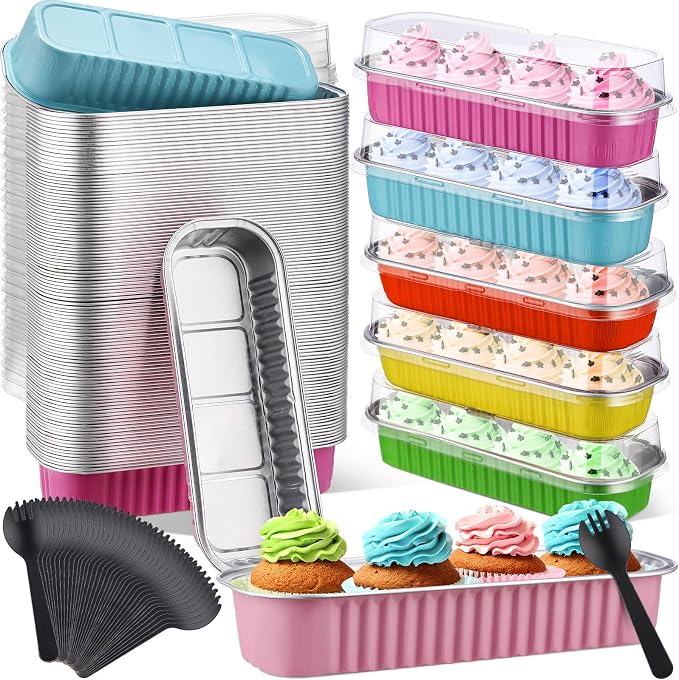 Blushtier 540Pcs Mini Loaf Pans with Lids and Spoons Pastel Color | 6.8oz Aluminum Baking Tins for Cupcakes, Rectangle Style Foil with Spoons, Wedding Bridal Shower, Disposable No-clean by Blushtier