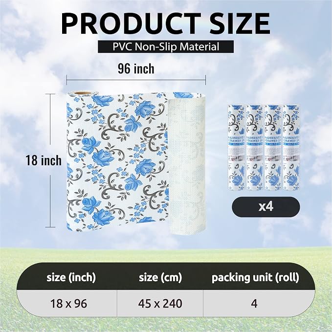 FIFTY FEET 18X96 Inch Shelf Liner for Kitchen Cabinets, PVC Drawer Liner for Dresser Non-Slip Bathroom, Non-Adhesive Cabinet Liner Washable (Blue Floral)(4 Roll) - Image 3