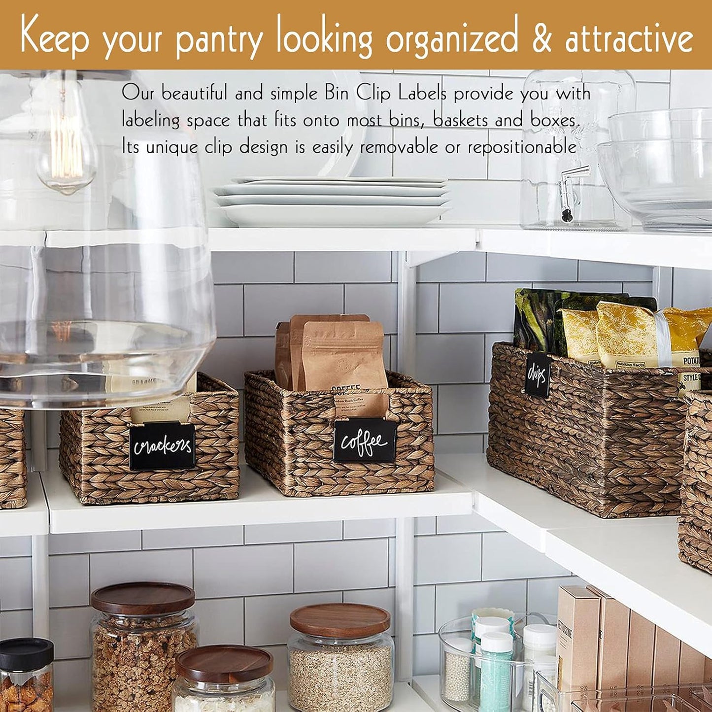 18 Pack Metal Pantry Baskets with Clips, Labels and 4 White Chalk Markers - Organization and Storage for Kitchen Bins