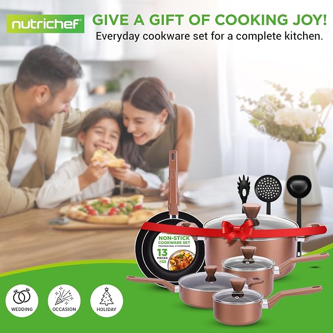NutriChef 13 Pcs. Nonstick Kitchen Cookware PFOA/PFOS-Free Heat Resistant Kitchenware Set w/Saucepan, Frying Pans, Cooking Pots, Casserole, Lids, & Utensils, Brown, NCCWA13BR - Image 7